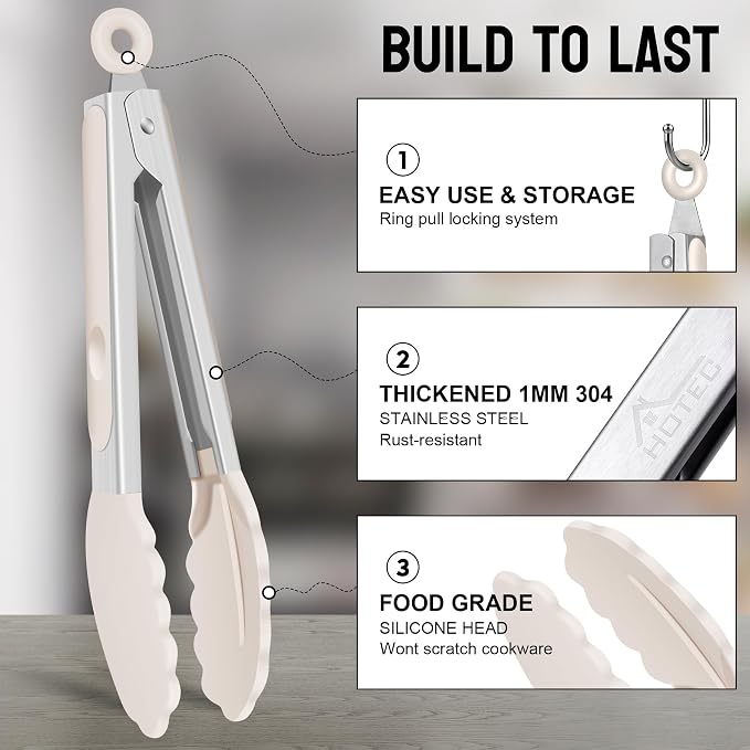 Hotec Silicone Kitchen Tongs for Cooking, 9-Inch, Set of 3, Khaki | Serving Tongs with Silicone Tips, Heat Resistance 600°F, Non-Slip Grip, Durable Spring Locking Mechanism
