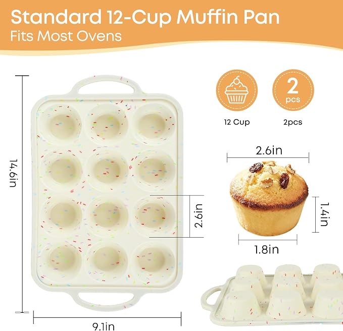 2-Pack 12-Cup Silicone Cupcake Pan, Nonstick Flexible Muffin Pan, Dishwasher Safe Muffin Tray with Handles, Seamless Silicone Muffin Tin for Baking Egg Bites & Cupcakes