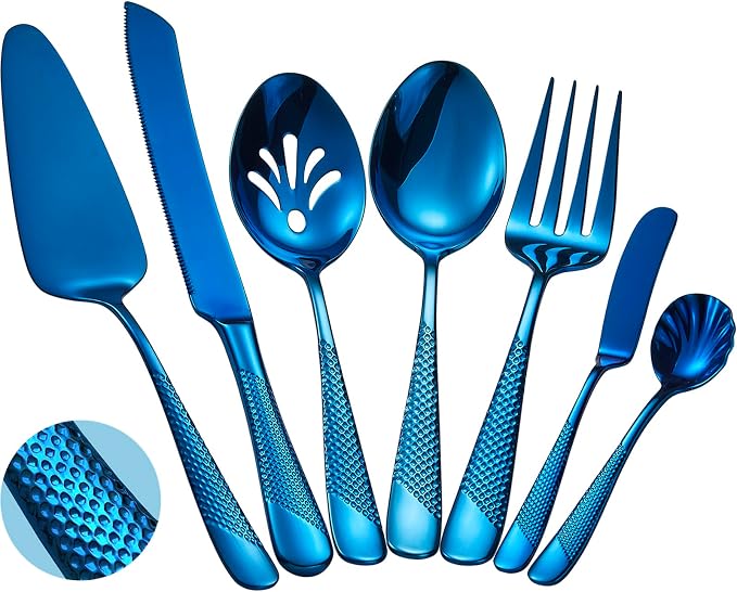 Xideman® 7-Piece Hammered 18/10 Stainless Steel Silverware Serving Utensil Set - Hostess Flatware with Cake Knife & Cake Server (Blue)