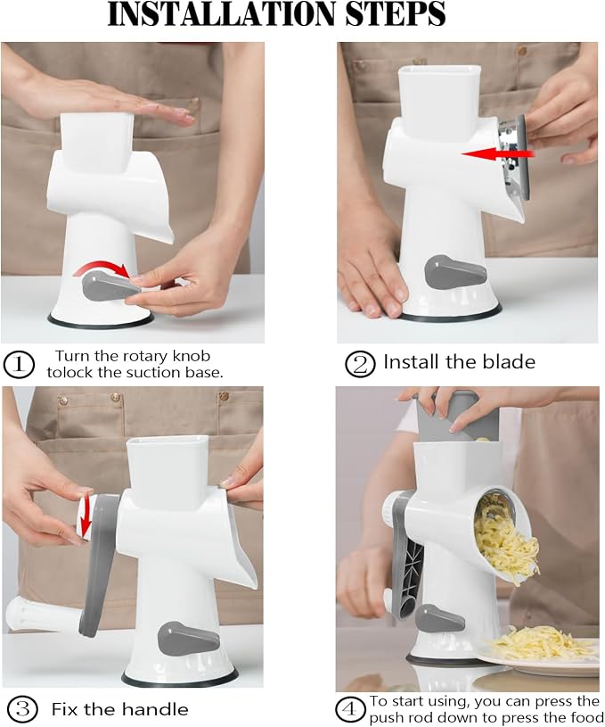 Cheese Grater with Handle,Multifunctional Rotary Cheese Grater,Kitchen Cheese Shredder Can Easily Chop Vegetables,Potatoes,Carrots,Etc.The Suction Cup is Stable and Easy to Clean (white)