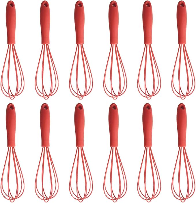Compact Silicone Whisk (6.7 Inch), 12 Pack Portable Mini Balloon Mixer Egg Beater, Manual Handheld Milk Frothers, Household Egg Blender Small Silicone Egg Whisks for Cooking (Red)