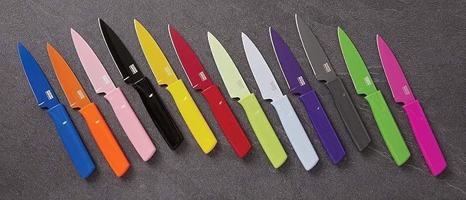 Kuhn Rikon Straight Paring Knife with Safety Sheath, 4 inch/10.16 cm Blade, Red, Yellow & Blue (Pack of 1) | Protective Sheaths, Japanese Stainless Steel, Fruit and Vegetable Knives