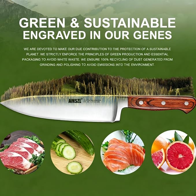 8 Inch Chef Knife German 7Cr17MoV Carbon Steel Full Tang Pakkawood | German 7Cr17MoV steel + full tang construction + 15° razor edge + ergonomic pakkawood handle. For slicing, dicing, chopping