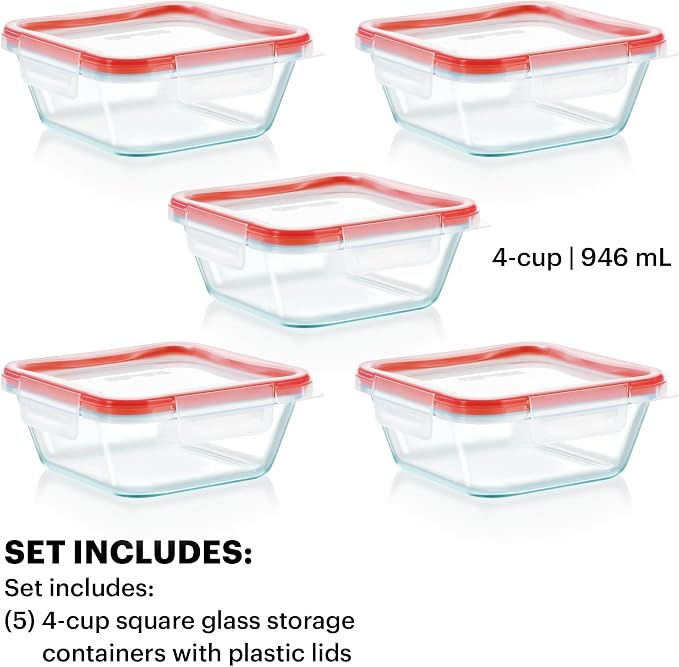 Pyrex Freshlock (5-Pack, 4 Cup) Glass Food Storage Containers Set | Meal prep containers with BPA-free plastic airtight locking lids, freezer, dishwasher, & microwave safe
