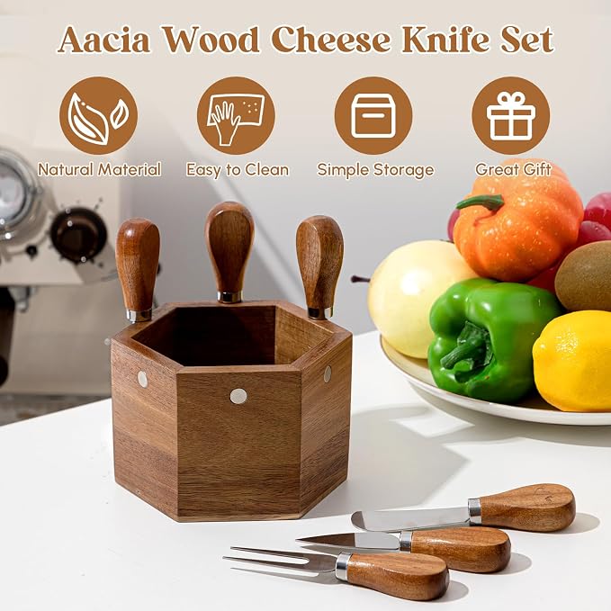 Hushee 6 Pcs Cheese Knives with Holder Charcuterie Serving Knife Set with Magnetic Wooden Box Mini Steel Stainless Cheese Knife Spreader Slicer Fork Set for Charcuterie Board