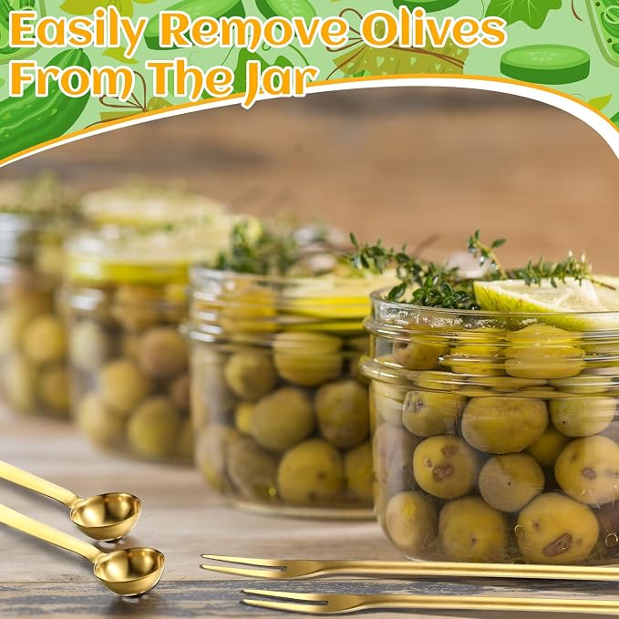 Didaey 4 Pcs Pickle Fork and Olive Spoon Strainer Set Stainless Steel Long Handle Pick Jar Serving Spoon with Drain Hole Prong for Onion Cucumber Arugula(Stylish Style)