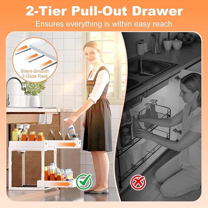 Upgrade 1 Pack Expandable Under Sink Organizer: 2-Tier Pull Out Cabinet with 3 Heavy-Duty Ball-Bearing Slide Rails, Tool-Free Height Adjustable, Slide-Out Drawers for Kitchen, Bathroom, Laundry