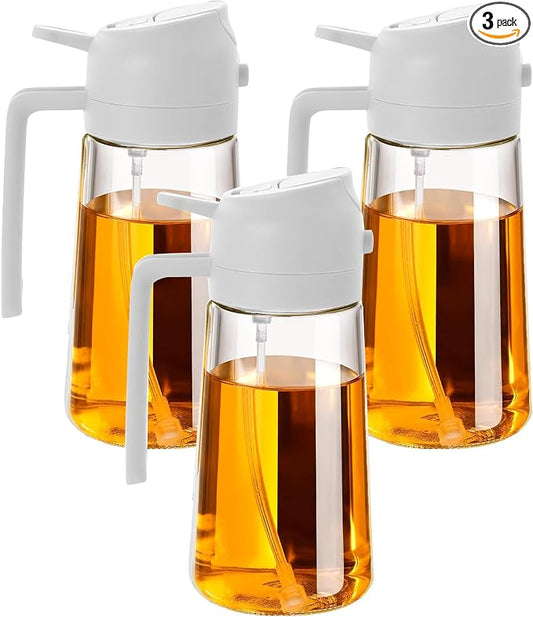 3 Pack 16oz/470 ml Olive Oil Dispenser Bottle 2 in 1 Clear Glass Oil Sprayer and Container Refillable Dispenser with Automatic Cap Portable Spray Bottle for Cooking Baking White