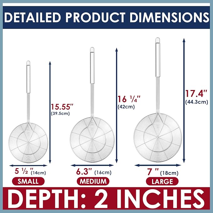 KEISSCO Stainless Steel Spider Strainer Skimmer Spoon For Frying and Cooking - Set of 3 Solid Wire Asian Strainer Ladle Pasta Strainer with Long Handle, Professional Kitchen Skimmer Ladle