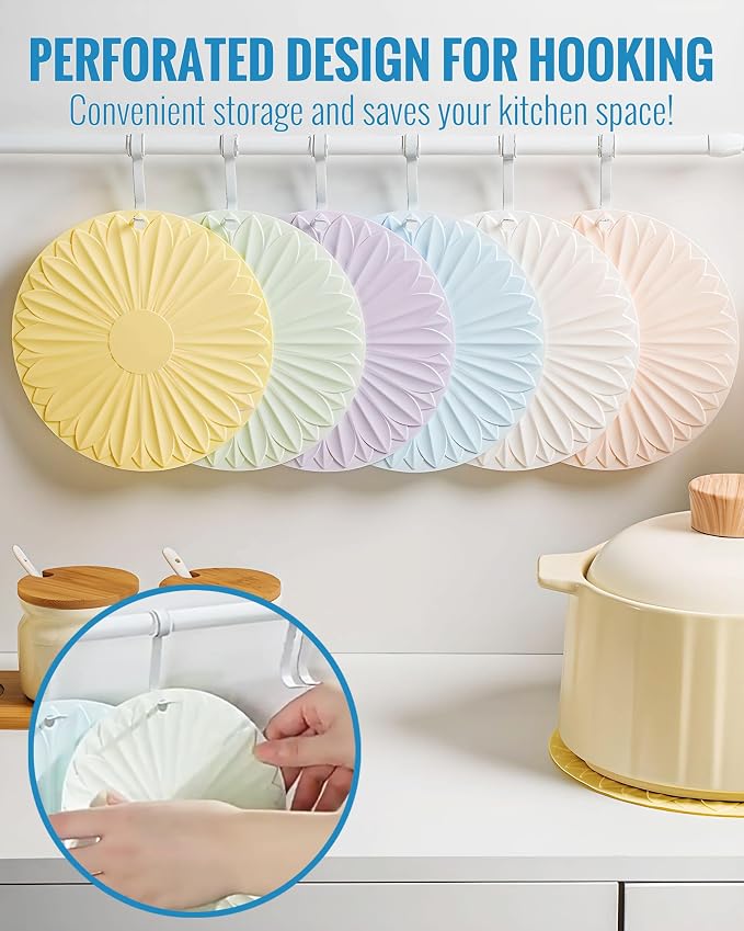 Trivet for Hot Dishes and Pots, 7 Inch Round Silicone, Pink | Food-grade silicone, heat resistant to 446F. Use as trivet, coffee mat, or placemat. Anti-slip, dishwasher safe, stackable.