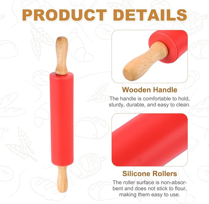 uxcell Rolling Pins for Baking, 12 Inch Silicone Non-Stick Rolling Pin Baking Roller Wooden Handle for Home Kitchen Dough Cookies Pastry, Red