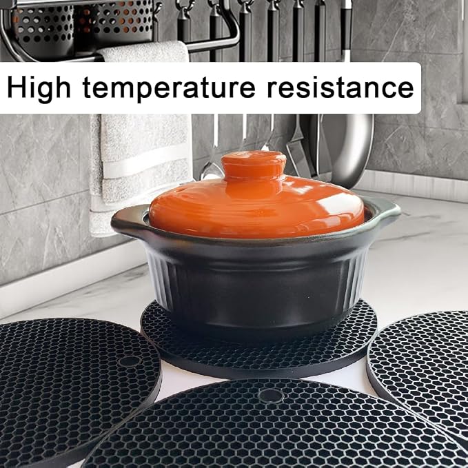 7-Inch Round Silicone Trivet Mats - 4-Pack Non-Slip Heat Resistant Hot Pads for Kitchen Countertops, Pots and Pans (Black)