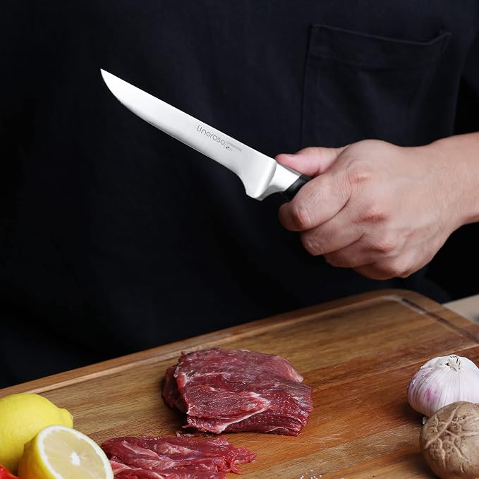 linoroso Boning Knife 5.7 inch Kitchen Knife with Elegant Gift Box, Sharp Forged German Carbon Stainless Steel Fillet Knife for Meat, Fish, Poultry, Full Tang, Ergonomic Handle