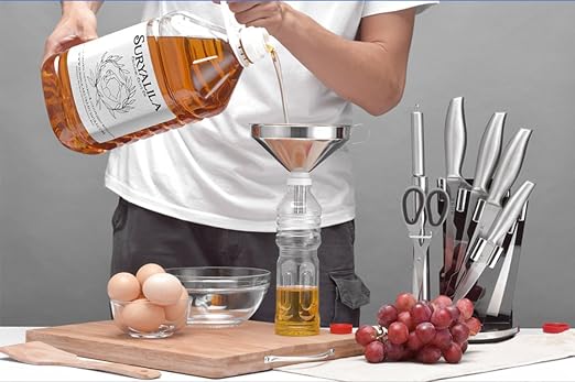 5-Inch Food Grade Stainless Steel Kitchen Funnel with Strainer Filter for Transferring of Liquid Dry Ingredients and Metal Cooking Funnel—Silver