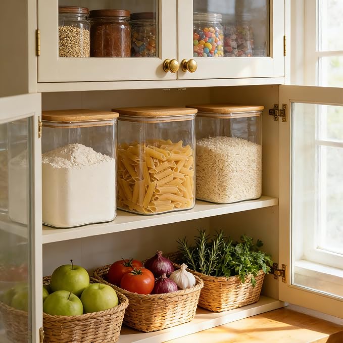 KEYWING 115oz Square Glass Storage Containers with Lids for Flour, 2 Pack | Large Airtight Glass Jar with Bamboo Lids for Sugar, Rice, Cereal, Pasta & Coffee Beans