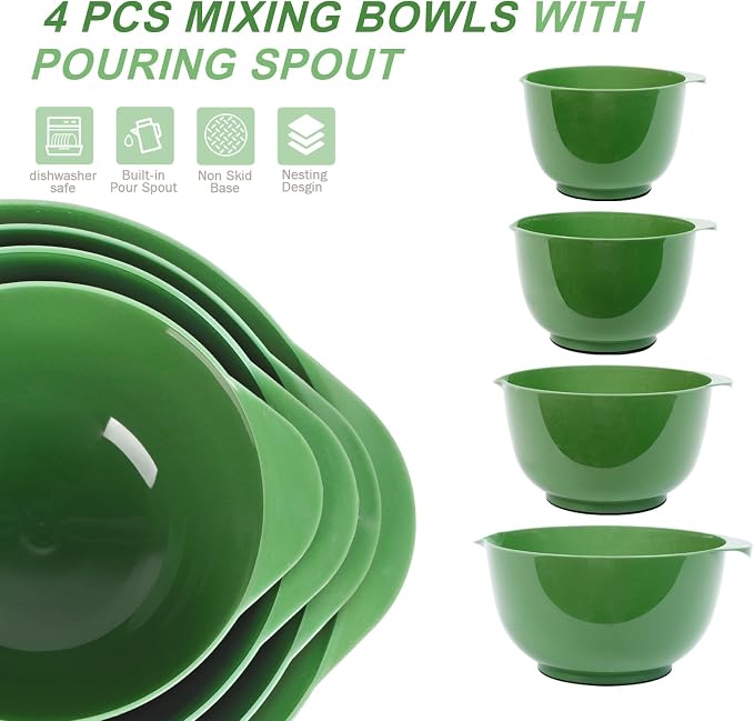 BoxedHome Classic Mixing Bowls Set of 4, BPA Free Plastic Microwave Safe | 4.5, 3.5, 2.5 and 1.7 QT, Non-slip Base Large Non-toxic Nesting Bowl with Pour Spout, Dishwasher Safe, for Prep, Cooking
