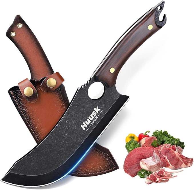 Huusk Hand Forged Meat Cleaver - Japanese Cooking Black Butcher Knife for Meat Cutting, Full Tang Cleaver Knife for Kitchen, Camping Thanksgiving Christmas Gifts