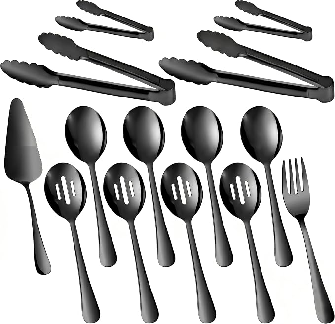 14PCS Serving Utensils - Hostess Serving Utensils Set, Premium Stainless Steel 8.7 inch Serving Utensils, Slotted Spoons, Forks, Tongs, Cake Pie Server for Buffet, Wedding, Dinner (Black)