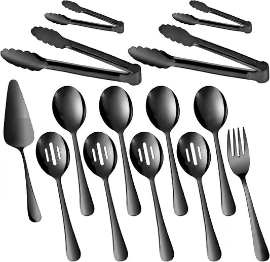 14PCS Serving Utensils - Hostess Serving Utensils Set, Premium Stainless Steel 8.7 inch Serving Utensils, Slotted Spoons, Forks, Tongs, Cake Pie Server for Buffet, Wedding, Dinner (Black)