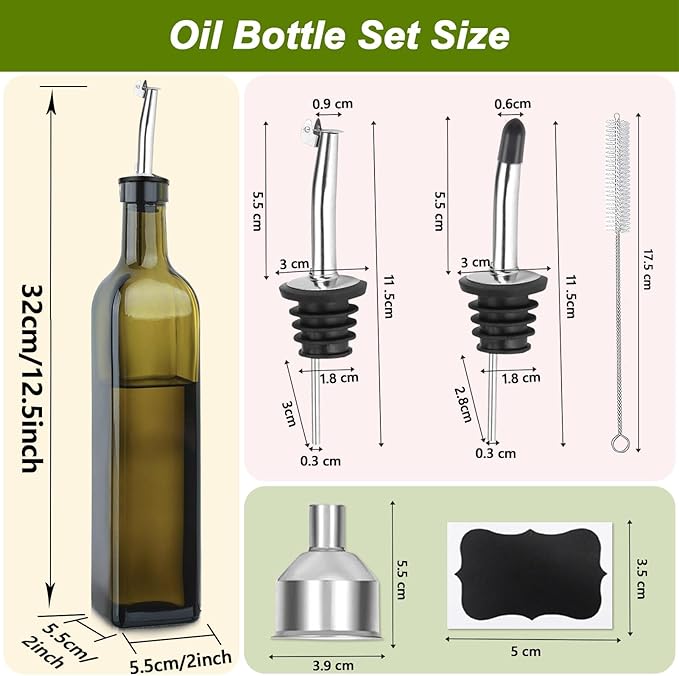 Green Olive Oil Dispenser Bottle - 17oz/500ml Glass Oil and Vinegar Bottles Set for Kitchen, Oil Dispenser with 2 Stainless Steel Pourers, Funnel and Brush