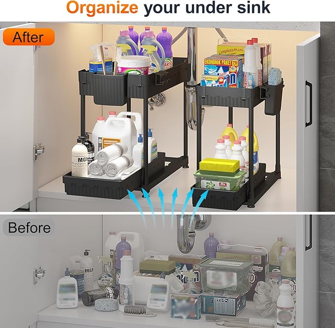 4-Pack 2-Tier Under Sink Organizer with Pull Out Drawers | Multi-use kitchen & bathroom storage. Includes hanging hooks and cups. Black, space-saving cabinet design.