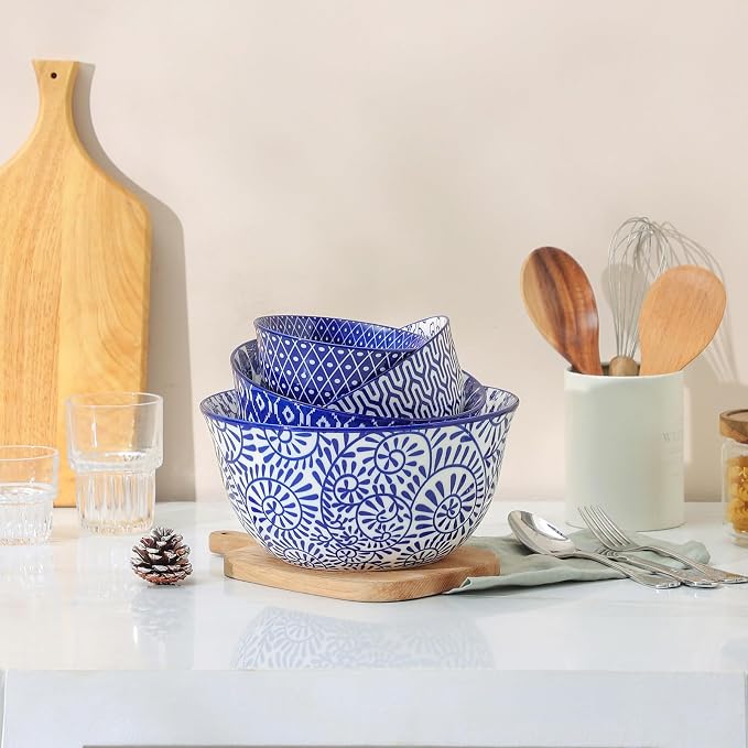 Selamica Ceramic Mixing Bowls, Nesting Bowls Set of 4 for Mixing, Baking, Prepping, Cooking, Salad, 20/36/60/123 oz, Microwave & Dishwasher Safe, Vintage Blue