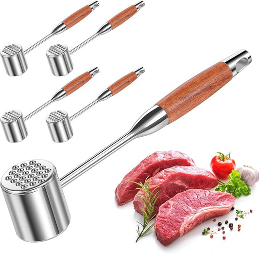 5 Pak Meat Tenderizer Tool Set, Dual-Sided Meat Mallet & Pounder for Chicken Breast, Steak, Beef, Pork - 304 Stainless Steel Head with Wood Handle, Dishwasher Safe Kitchen Hammer
