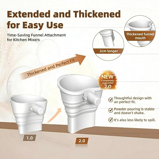 Upgraded Silicone Flour Funnel for KitchenAid Mixers, Foldable Longer Thickened Pour Baking Attachment Accessory, Fits KitchenAid 4.5-7QT Stand Mixer KSM150, Dishwasher Safe(White)