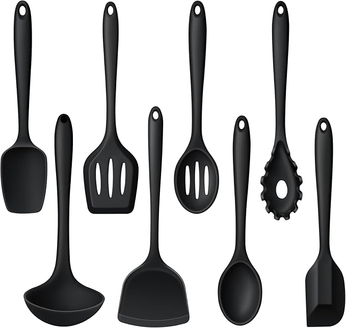 LIANYU Non-Toxic Cooking Utensils Set of 8, Silicone Black Kitchen Utensils Set for Non-Stick Cookware, Healthy Kitchen Tools with Spatula & Spoon, Stainless Steel Core, Healthy & Heat Resistant