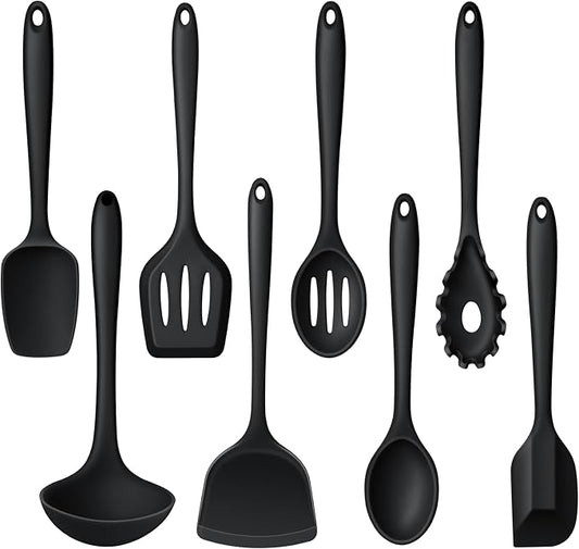 LIANYU Non-Toxic Cooking Utensils Set of 8, Silicone Black Kitchen Utensils Set for Non-Stick Cookware, Healthy Kitchen Tools with Spatula & Spoon, Stainless Steel Core, Healthy & Heat Resistant