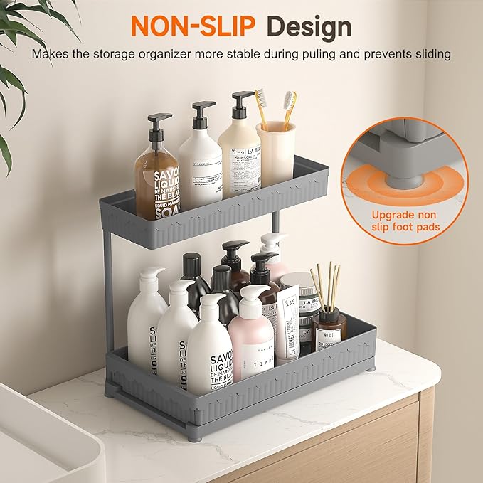 3-Pack 2-Tier L-Shaped Under Sink Organizers with Sliding Drawers | Multi-use kitchen & bathroom storage, 14.85 inch grey cabinet organizer, space-saving sliding drawer design.