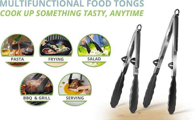 Oliver's Kitchen ® Tongs - 2x Food Safe Silicone Cooking Tongs - Locking Clip for Easy Storage - Great for BBQ - Easy To Use & Grip Kitchen Tongs - Stylish Stainless Steel Design