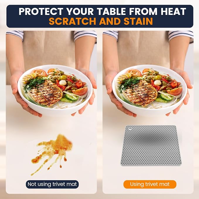 Silicone Trivet Mats 4 Heat Resistant Pot Holders Multipurpose Non-Slip Hot Pads for Kitchen Potholders, Drying mat, Jar Opener, Spoon Holder, Coaster.(Light Grey)