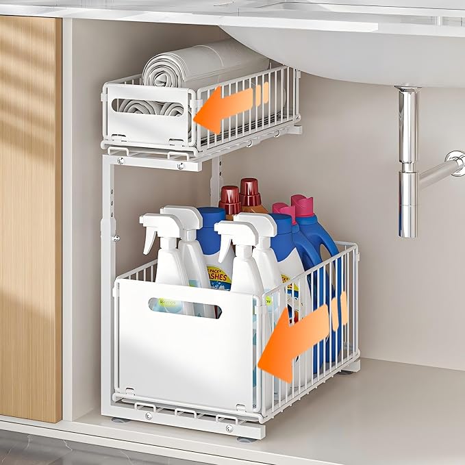 Under Sink Organizer, 2-Tier Multi-Use Kitchen and Bathroom Organizers and Storage, Slide Out Thickened Metal Under The Sink Organizer for Kitchen Bathroom Pantry (Style B White, 1 Pack)