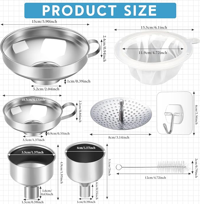 Gejoy 12 Pcs Metal Canning Funnels Set Wide Mouth Mason Jar Funnels for Filling Stainless Steel Kitchen Filter with Strainer Mesh Filter Brushes and Adhesive Hooks, Silver