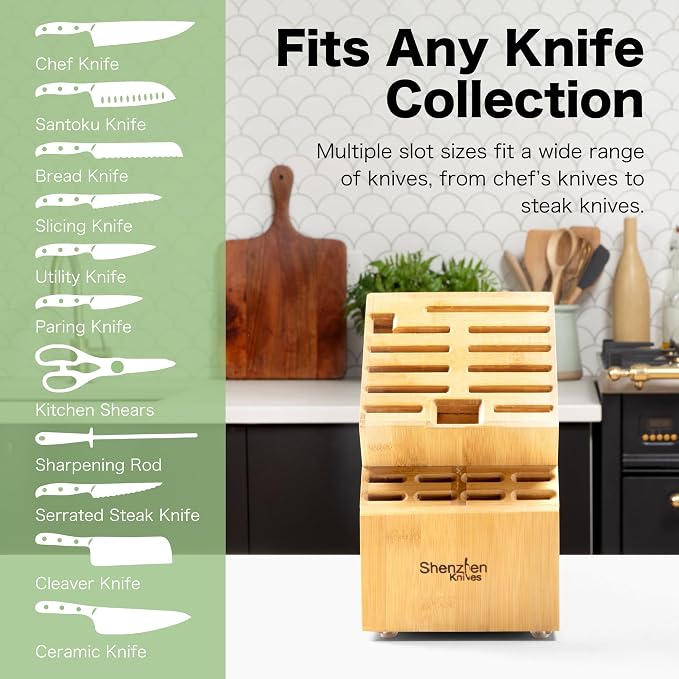 Shenzhen Knives 20 Slot Knife Block without Knives - Solid Wood Core Bamboo Veneer - Large 8x5.25x11 Inch Countertop Knife Holder Organizer and Kitchen Storage