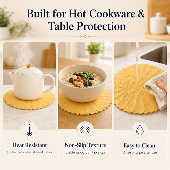 Heat-Resistant Silicone Trivet Mats, Non-Slip Hot Plate Holder for Kitchen Countertops & Dining Table, Reusable Pot Holder Pad with Secure Grip, Dishwasher Safe (Yellow, Diameter: 18cm/7.09")