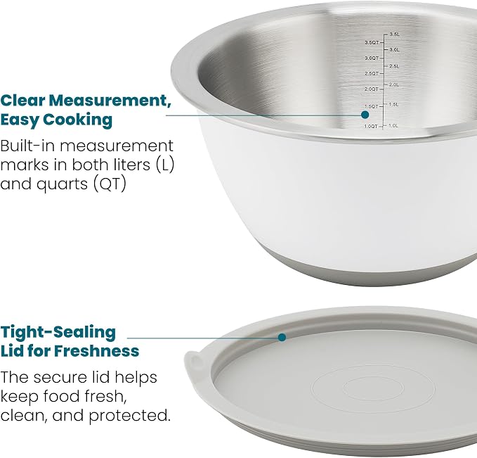 Rorence Mixing Bowls Set with Lids, 18/8 Stainless Steel Mixing Bowls with Non-Slip Silicone Base & Measurement Marks, Airtight Food Storage for Baking, Cooking & Meal Prep,1.5QT/3QT/5QT/White