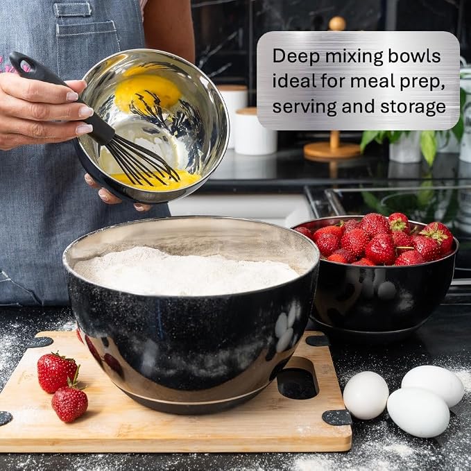 Stainless Steel Mixing Bowls Set, 3-Piece with Silicone Base | 1.5, 3 & 5 Qt Metal Bowls for Meal Prep, Baking, Cooking, Serving & Food Storage, Non-Slip Base, Dishwasher Safe, Black