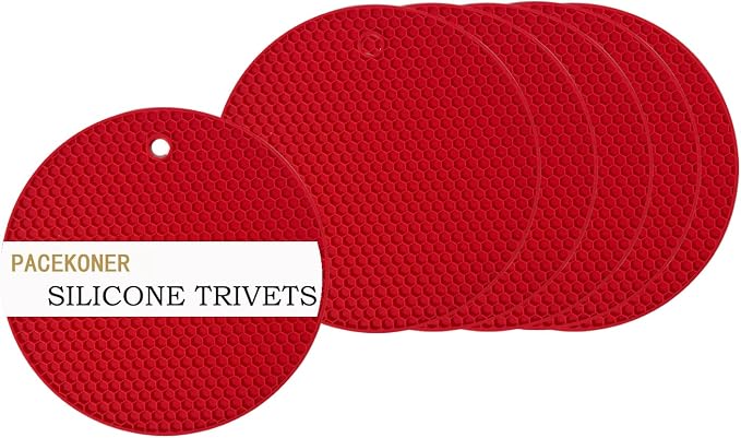6-Pack Silicone Trivet Mats, Heat Resistant Hot Pads, Dishwasher Safe Kitchen Mats, BPA-Free Pot Holders for Table, Countertop, Stove, Honeycomb Design (Red, 7“ Round)