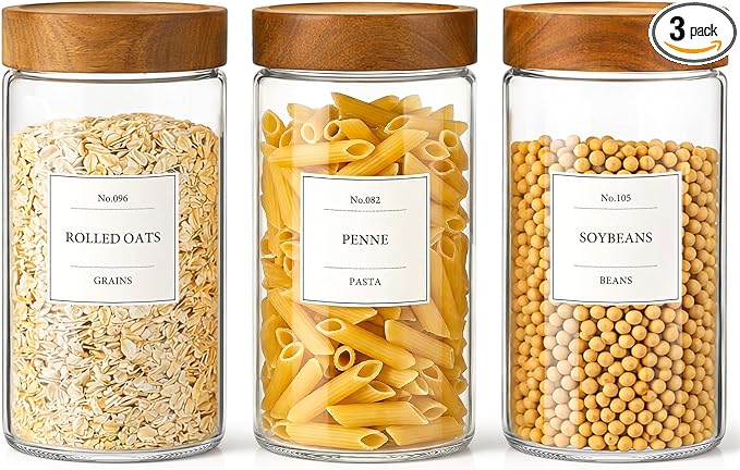 CONNOO 40oz Airtight Glass Storage Containers with Wood Lids (3-Pack) | Airtight Pantry Containers, Keep Pasta, Cereal & Dry Foods Fresh, Includes 120 Labels for Easy Kitchen Organization