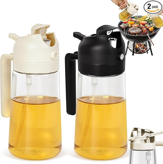 CJT 2Pcs Olive Oil Dispenser,2 in 1 Oil Sprayer for Cooking 16oz/470ml Glass Oil Bottle for Cooking, Frying, Salad, and BBQ (Black & White)