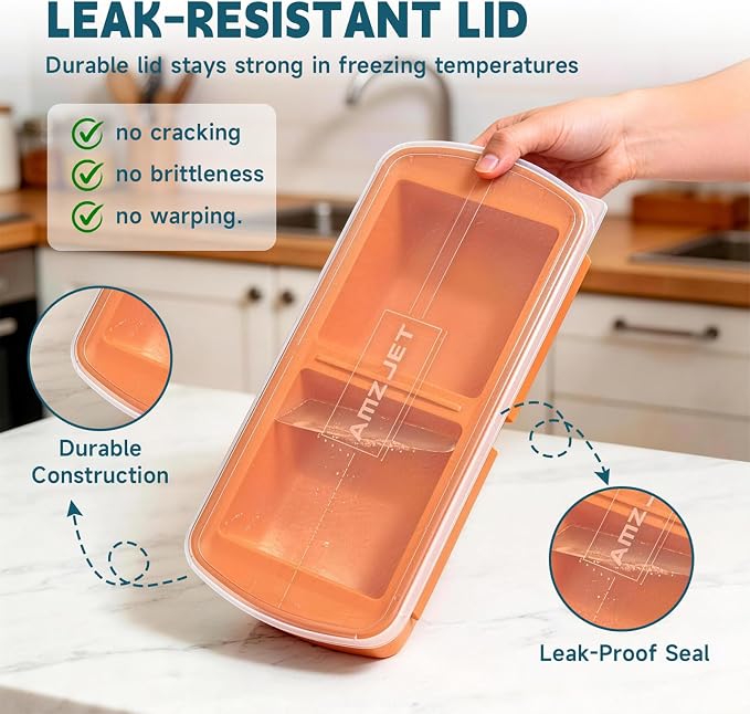 4 Pack Silicone Freezer Trays with Lid - Multi-Size 1-Cup & 2-Cup Portions, Food-Grade Silicone Freezer Molds for Soup & Meal Prep - Large Freezer Storage Containers, Oven & Dishwasher Safe - Orange