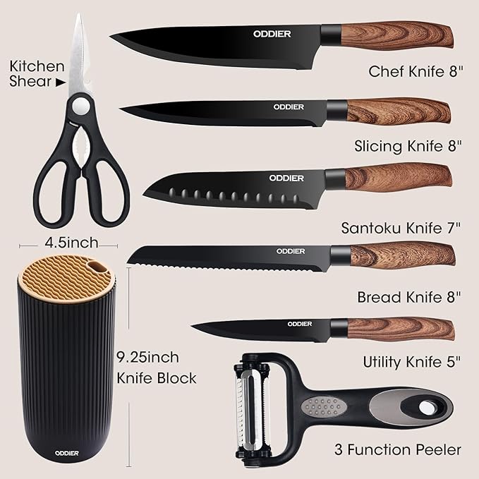 Knife Set, 8 Piece Kitchen Knife Set, Stainless Steel Knives Set for Kitchen, Universal Knife Block Set, Kitchen Kinfe Essentials, New Home Apartment Essentials, Dishwasher Safe (Black Wood-Grain)