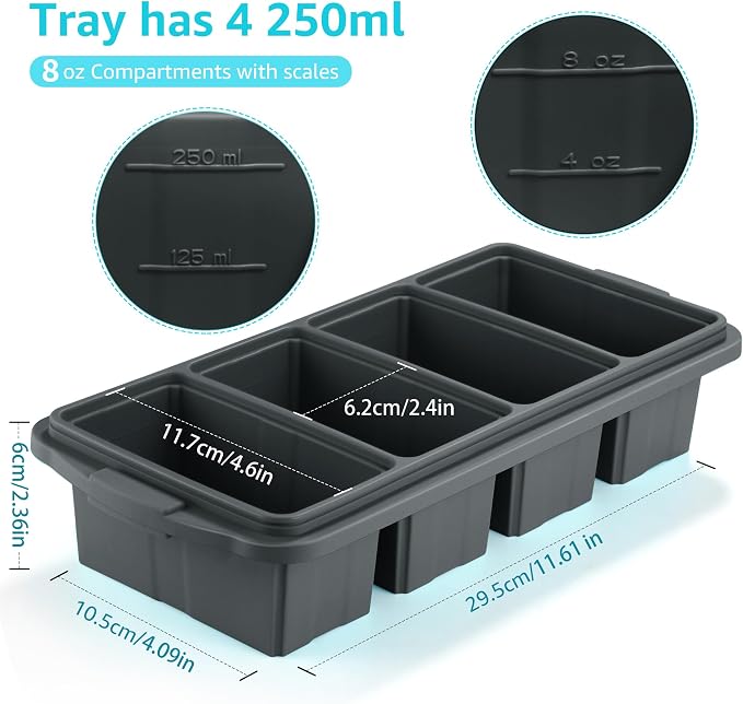 Ztomine Silicone Freezer Tray With Lid - Silicone Freezer Food Molds- Large Ice Cube Tray,Silicone Freezer Container,Freeze & Store Soup, Sauce, Broth,Leftovers - Makes 4 Perfect 1 Cup