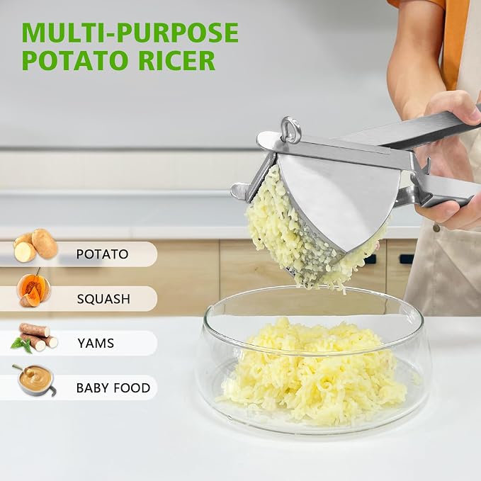 LHS Heavy Duty Potato Ricer and Masher, Stainless Steel Potato Masher, Business Fruit Masher and Food Press for Commercial and Home Use, 2 Sides Holes