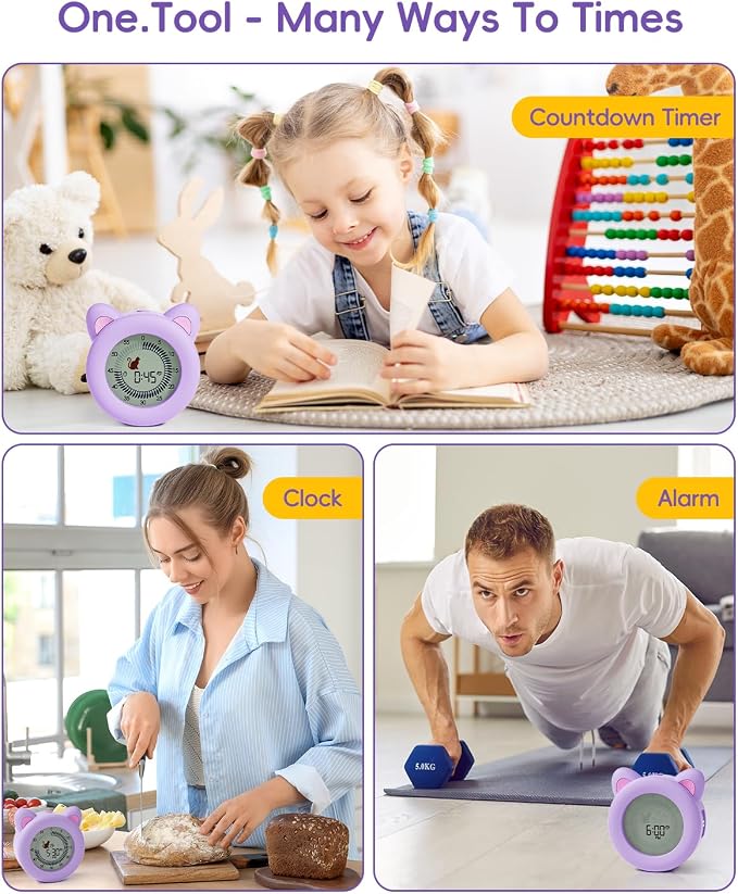 Visual Timer for Kids with Pause, Clock and Alarm Function, 299 min Cute Cat Desk Countdown Timer, ADHD Autism Toddler Support, Girl Timer for Kitchen, Office and Classroom