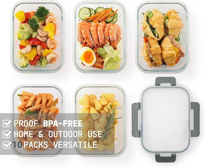 Cuiselect 10 Pack 22 Oz Glass Meal Prep Containers with Lids, Reusable Glass Food Storage Containers with Lids, Microwave, Oven, Freezer and Dishwasher Safe (Gray)