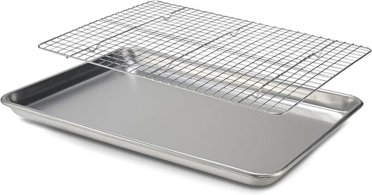 Baking Sheet Pan and Cooling Rack - Half Sheet, 18" x 13" Aluminum Cookie Sheets and Stainless Steel Wire Rack for Baking