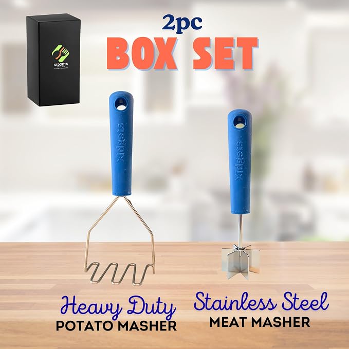 2pc Gift Set | Large Stainless Steel Meat Chopper/Cocktail Muddler & Potato Masher | 6-Blade Chopper Tool | Oversized Soft Grip Handle | Dishwasher Safe (Lagoon Blue/Lagoon blue)